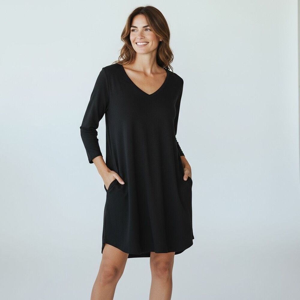Cloth & Stone Black V-Neck Dress Women’s Size Large 100% Rayon Long Sleeve Pocke
